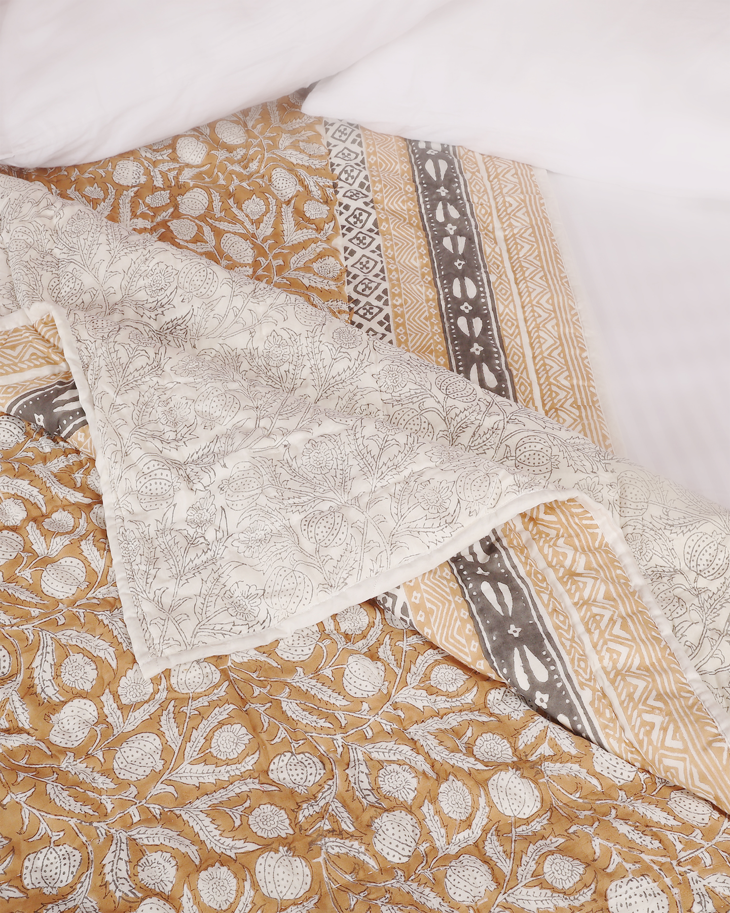 Light Brown Hand Block Printed Reversible Single Quilt Set | Set of 2 PCS